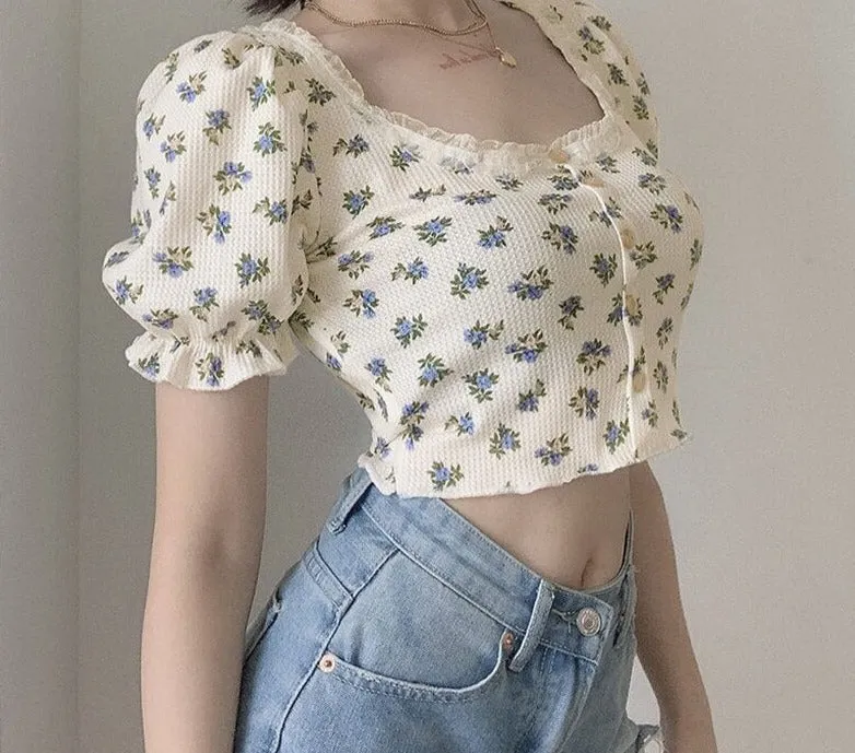 Wjczt Elegant French Style Summer Women Puff Sleeve Floral T shirts Casual Lace Patchwork Slim Cropped Tops Streetwear Harajuku Tee