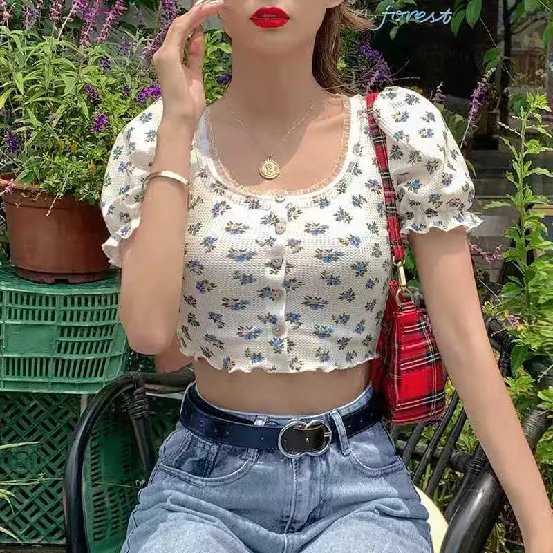 Wjczt Elegant French Style Summer Women Puff Sleeve Floral T shirts Casual Lace Patchwork Slim Cropped Tops Streetwear Harajuku Tee