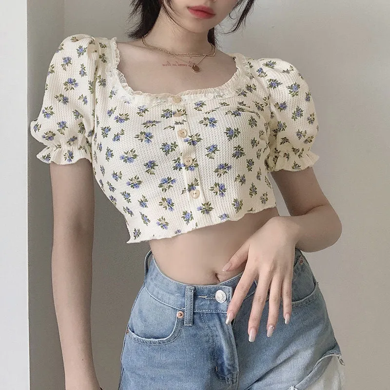 Wjczt Elegant French Style Summer Women Puff Sleeve Floral T shirts Casual Lace Patchwork Slim Cropped Tops Streetwear Harajuku Tee