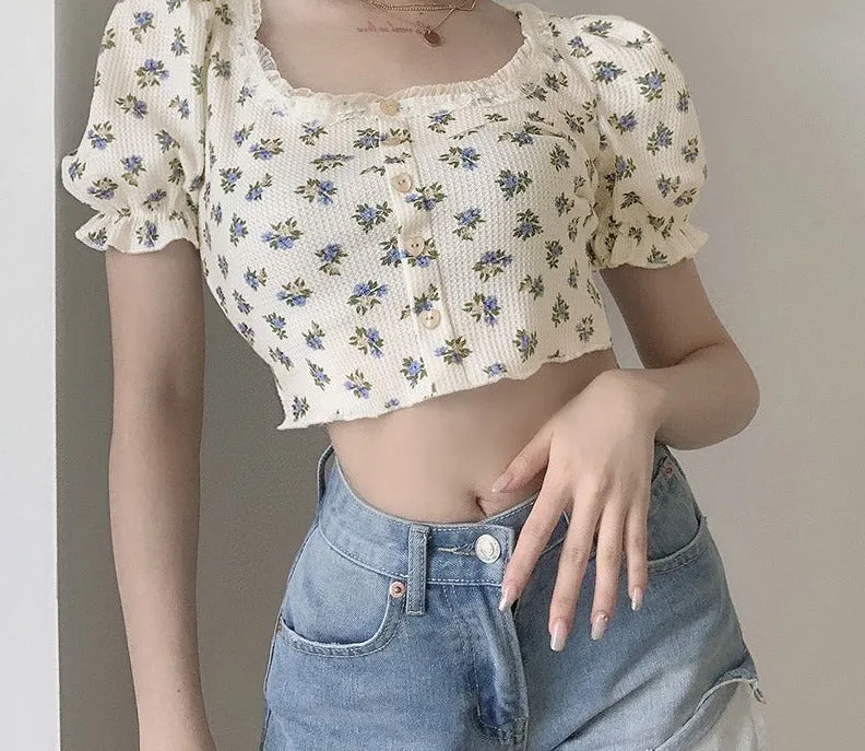 Wjczt Elegant French Style Summer Women Puff Sleeve Floral T shirts Casual Lace Patchwork Slim Cropped Tops Streetwear Harajuku Tee