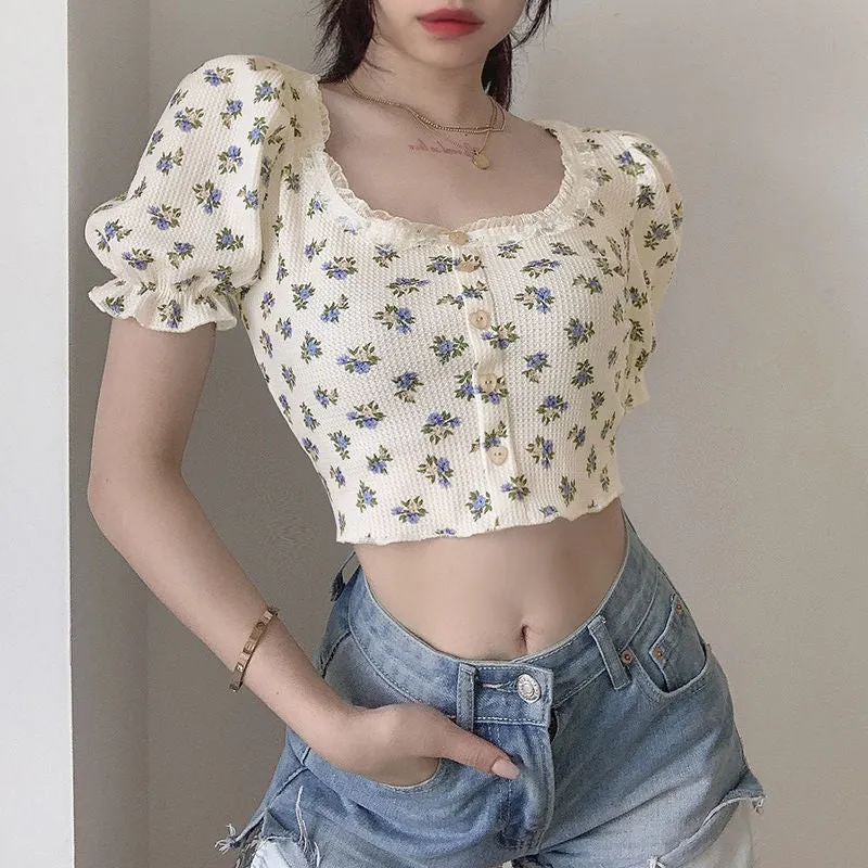 Wjczt Elegant French Style Summer Women Puff Sleeve Floral T shirts Casual Lace Patchwork Slim Cropped Tops Streetwear Harajuku Tee