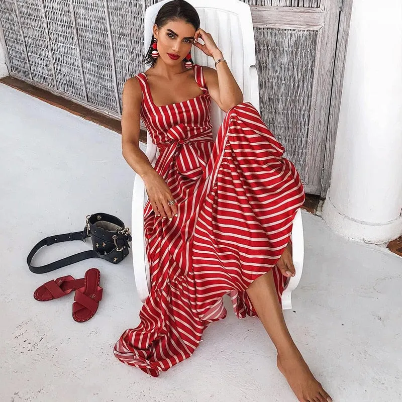 Women Dress Stripe Patchwork Bohemia Maxi Dresses