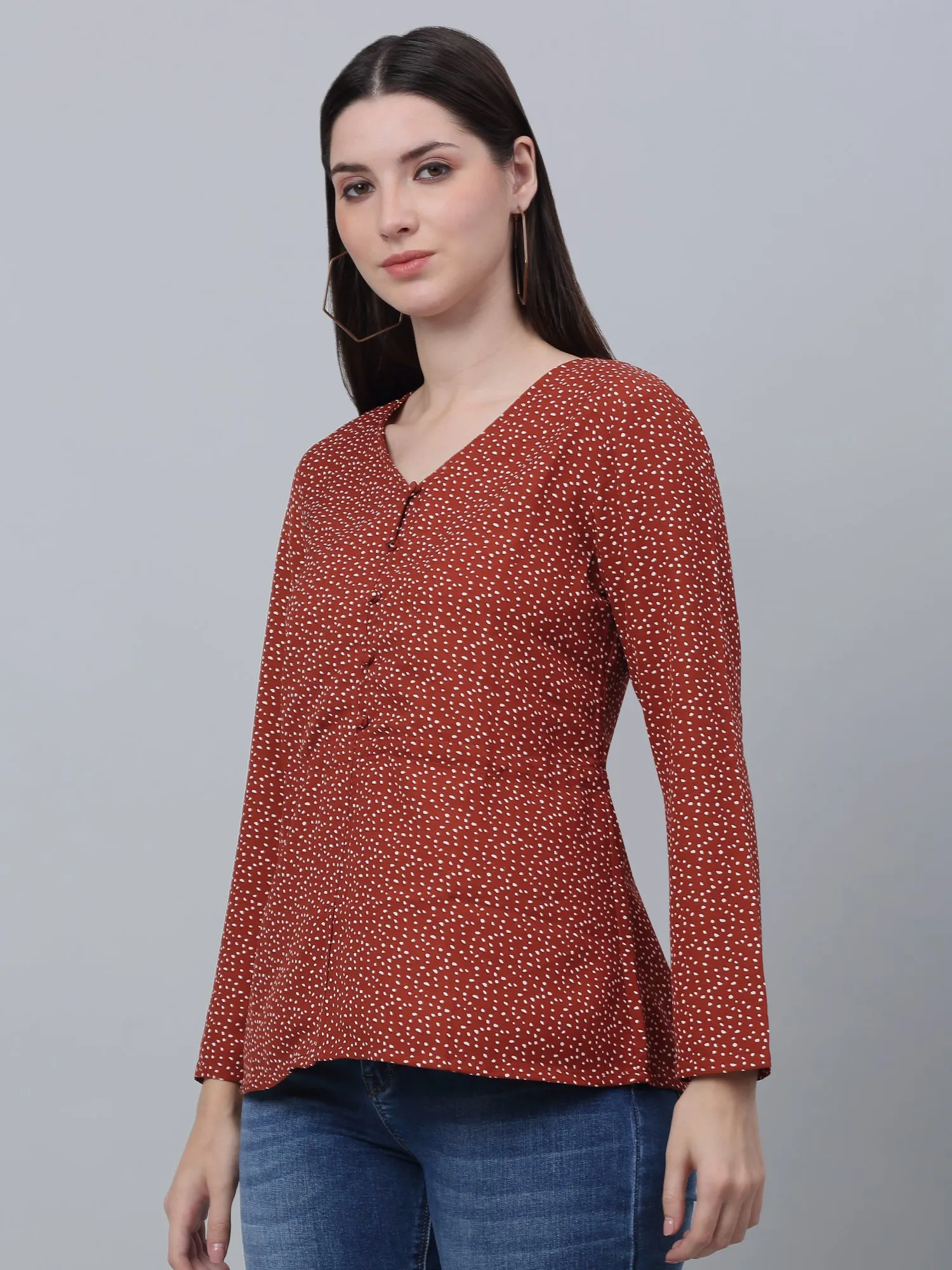 Women's Basic  Rust Polka dot Print V neck Top