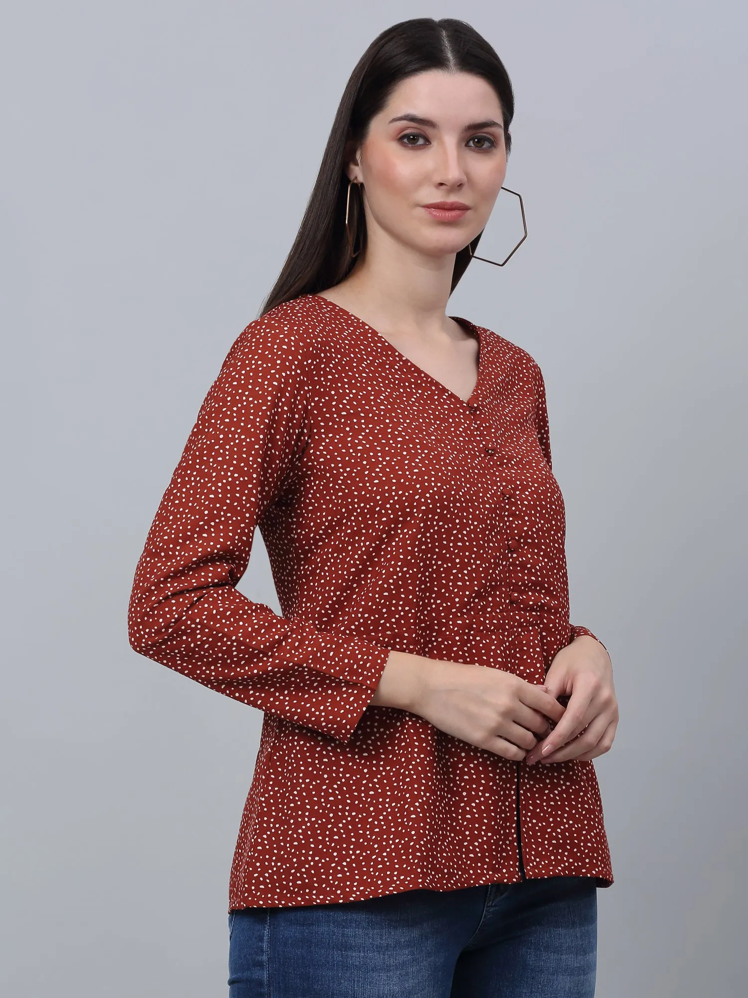 Women's Basic  Rust Polka dot Print V neck Top