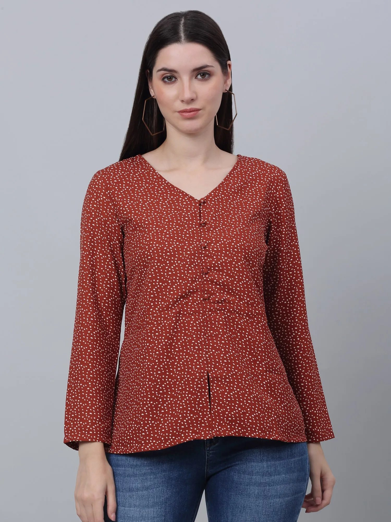 Women's Basic  Rust Polka dot Print V neck Top