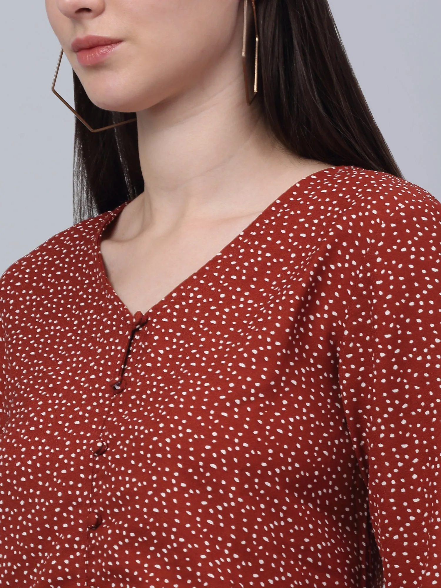 Women's Basic  Rust Polka dot Print V neck Top