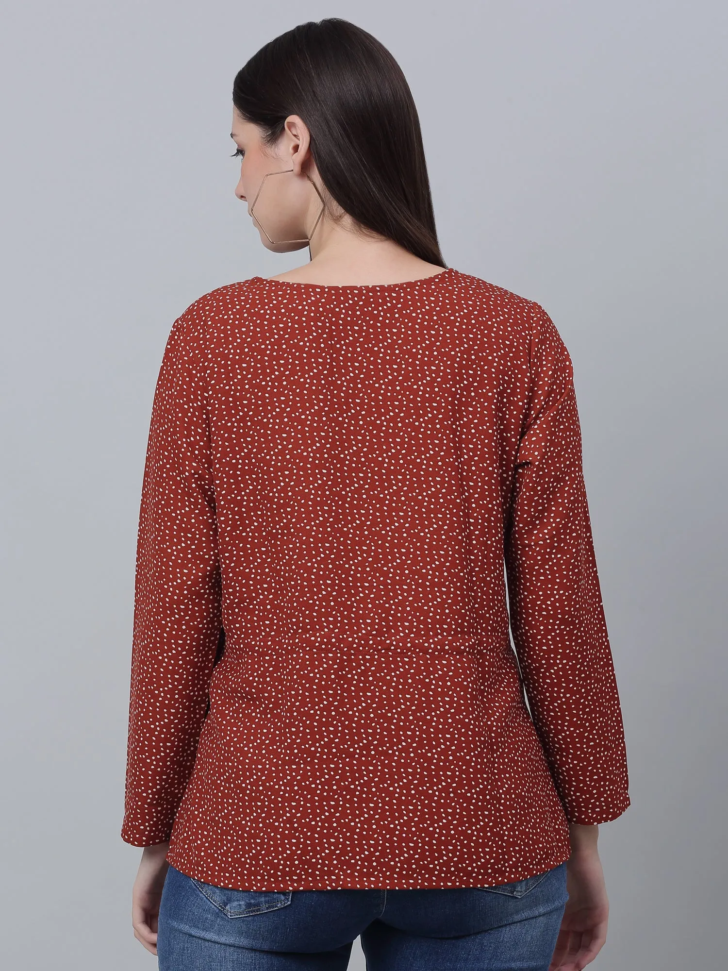 Women's Basic  Rust Polka dot Print V neck Top