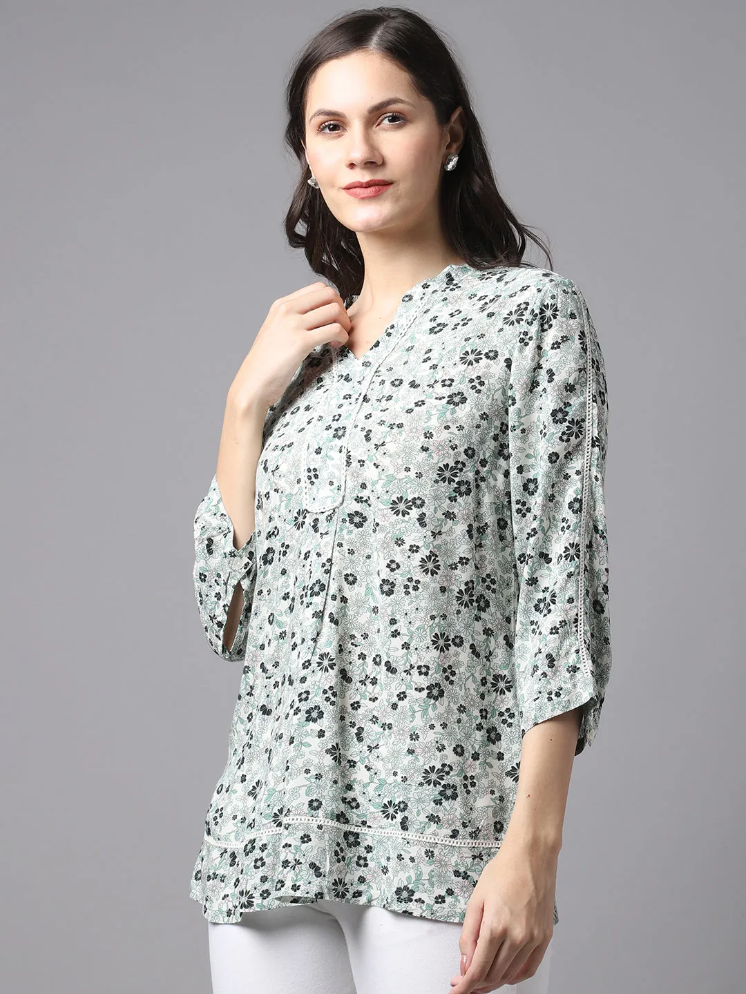 Women's Casual  Mintgreen Floral Print Mandarin Collar Tunic