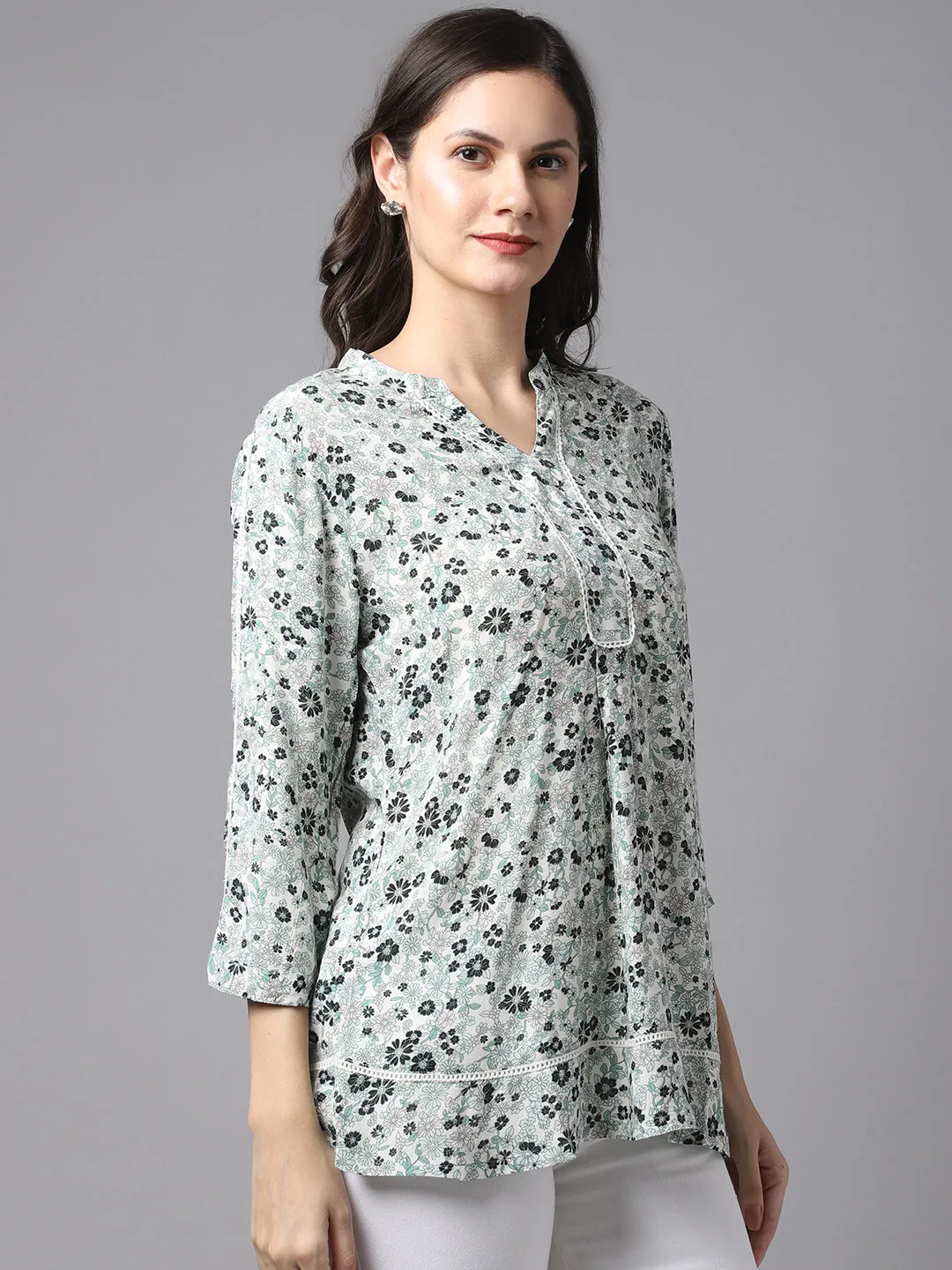 Women's Casual  Mintgreen Floral Print Mandarin Collar Tunic