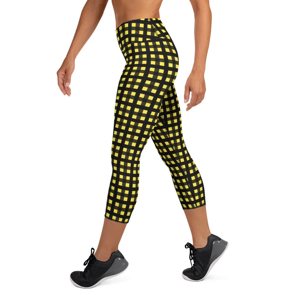 Yellow Buffalo Capris Leggings, Plaid Print Yoga Capri Women's Tights- Made in USA/EU