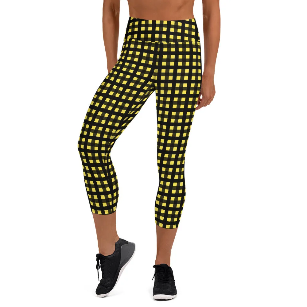 Yellow Buffalo Capris Leggings, Plaid Print Yoga Capri Women's Tights- Made in USA/EU