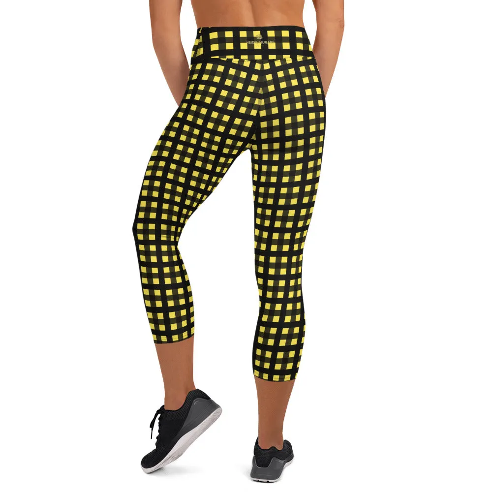 Yellow Buffalo Capris Leggings, Plaid Print Yoga Capri Women's Tights- Made in USA/EU