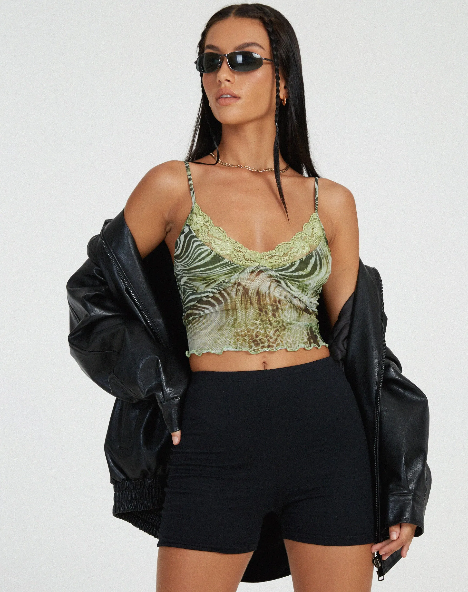 Yenika Cami Top in Mesh Cheetah Green