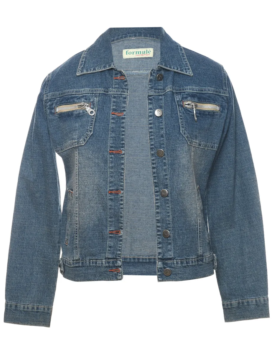 Zip-Front Stone Wash Denim Jacket - M